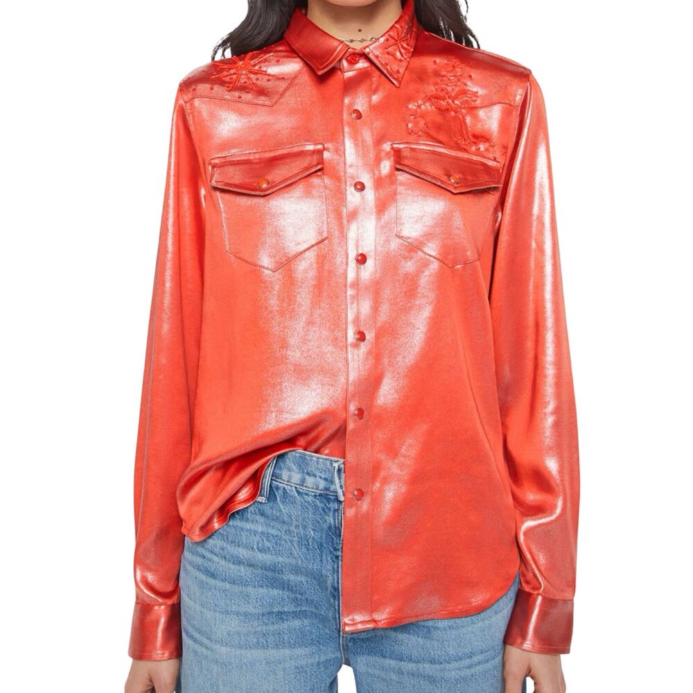 Mother All My Exes Shimmy Cherry Tomato Red Beaded Snap Shirt size M NEW Tags